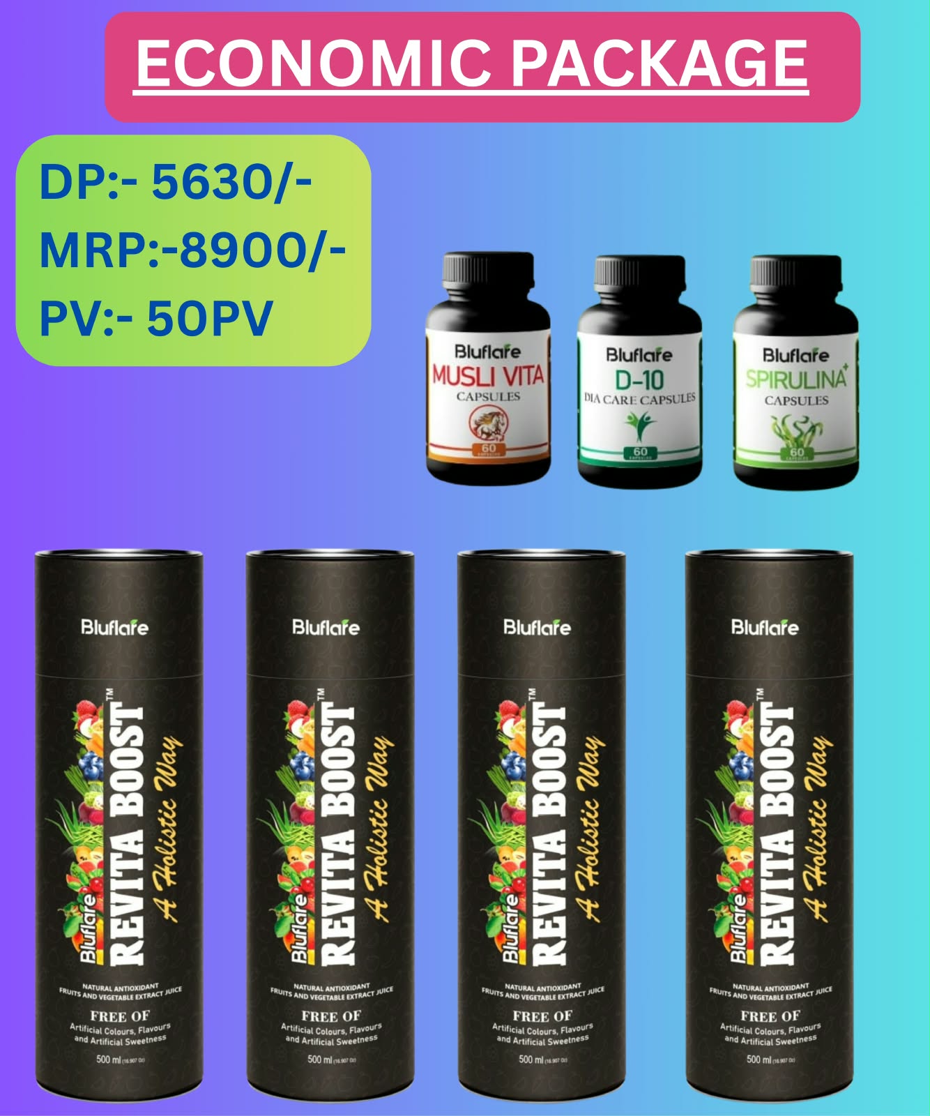 ECONOMIC PACKAGE(REVITA BOOST 4NOS,MUSLIVITTA 1NO,D10 DIA CARE 1NO,SPIRULINA 1NO.)